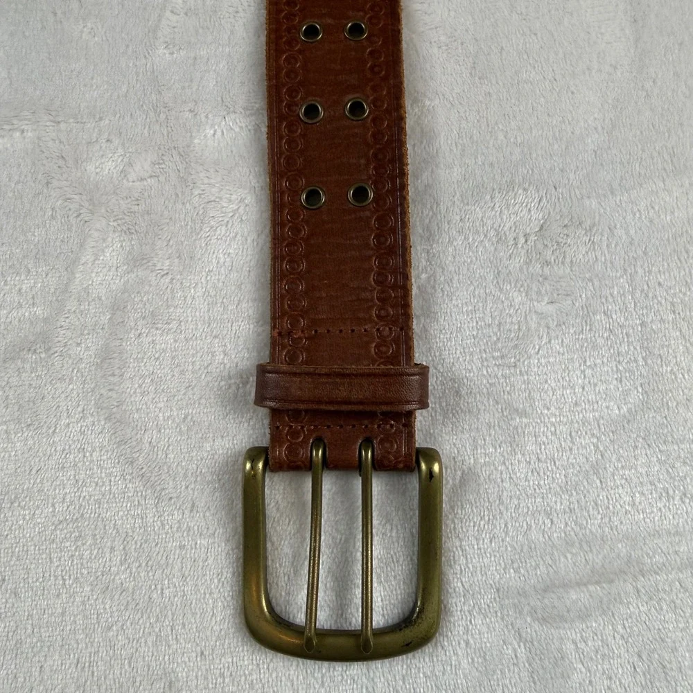 VTG Y2K American Eagle Belt Mens M Brown Leather Solid Brass Double Grommet Boho